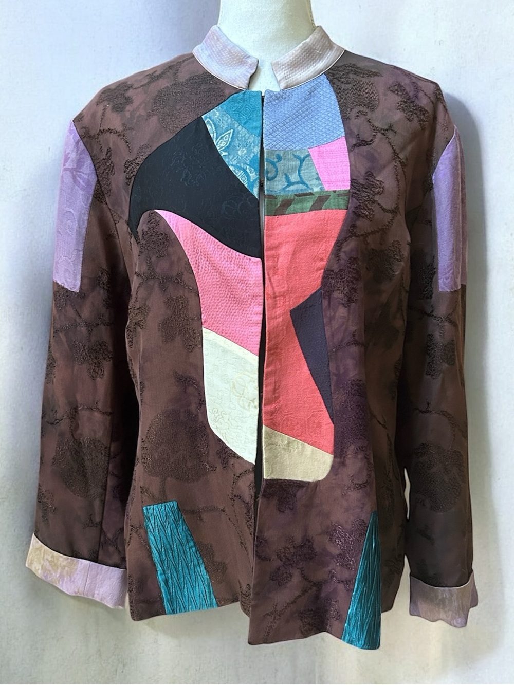Chico’s Brown Silk Artsy Multicolor Patchwork Mandarin Collar Open Front Jacket